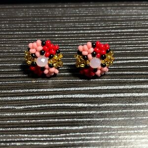 Handmade red, pink, gold flower earrings.